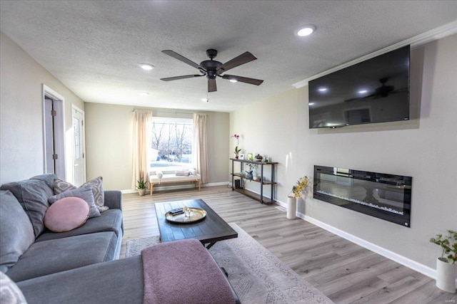 living room featuring ceiling fan, a textured ceiling, and light wood-type flooring