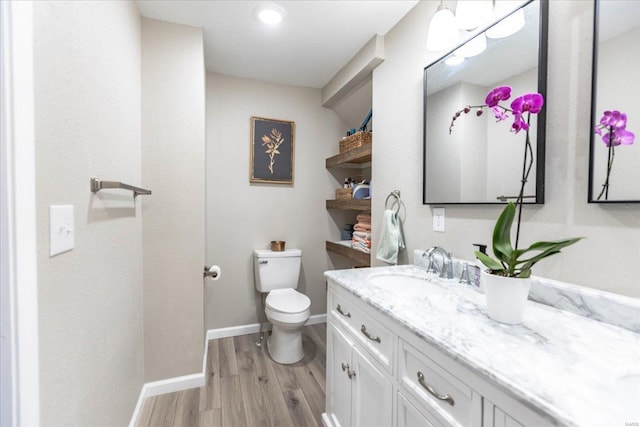 bathroom with hardwood / wood-style flooring, vanity, and toilet