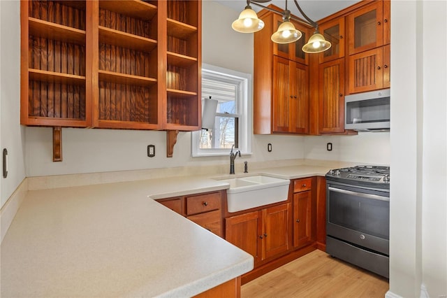 kitchen featuring appliances with stainless steel finishes, sink, pendant lighting, and light hardwood / wood-style floors