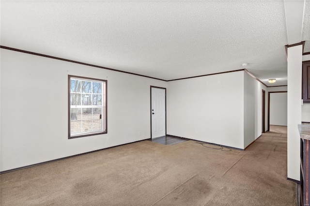 carpeted spare room featuring crown molding and a textured ceiling