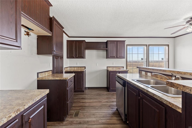 kitchen with sink, dark brown cabinets, stainless steel dishwasher, ornamental molding, and dark hardwood / wood-style flooring