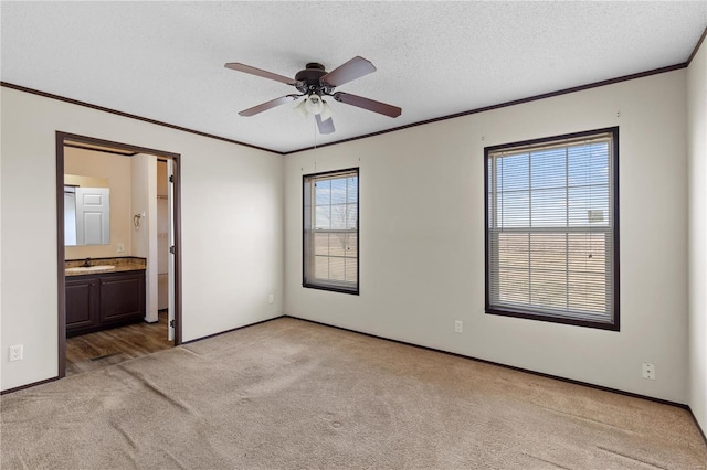 unfurnished bedroom with light carpet, ornamental molding, and a textured ceiling