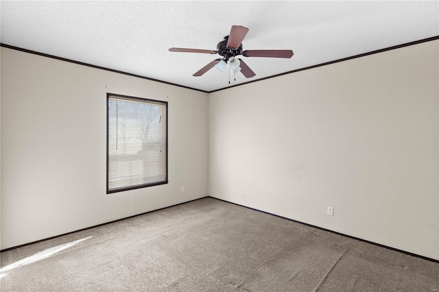 carpeted spare room with ornamental molding, ceiling fan, and a textured ceiling