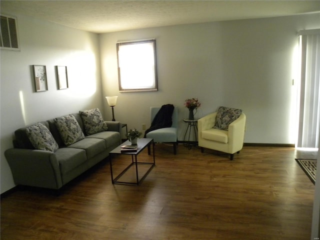 living room with dark hardwood / wood-style flooring