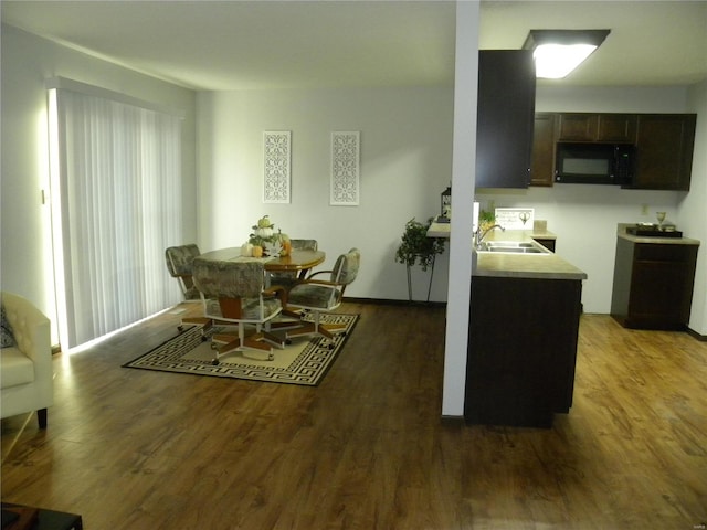 dining area featuring dark wood-type flooring and sink