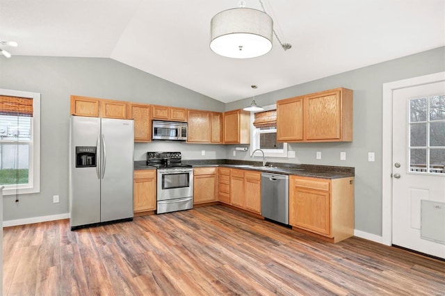 kitchen featuring lofted ceiling, sink, stainless steel appliances, dark hardwood / wood-style flooring, and decorative light fixtures