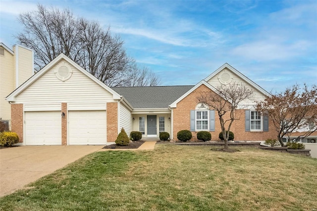 ranch-style home with a garage and a front yard