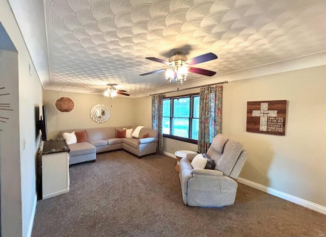 living room featuring a water view, carpet flooring, a textured ceiling, and ceiling fan