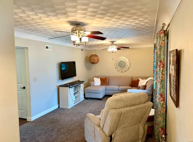 living room with a textured ceiling and dark colored carpet