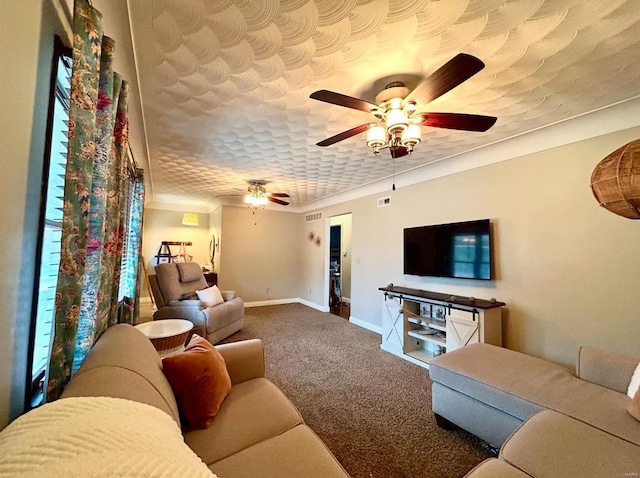 carpeted living room with ceiling fan and a textured ceiling