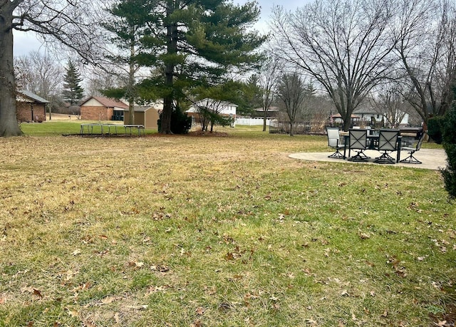 view of yard with a trampoline and a patio