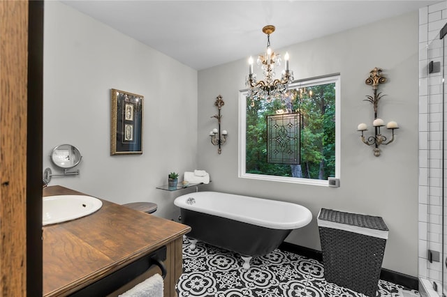 bathroom with tile patterned flooring, a bathtub, radiator heating unit, vanity, and a notable chandelier