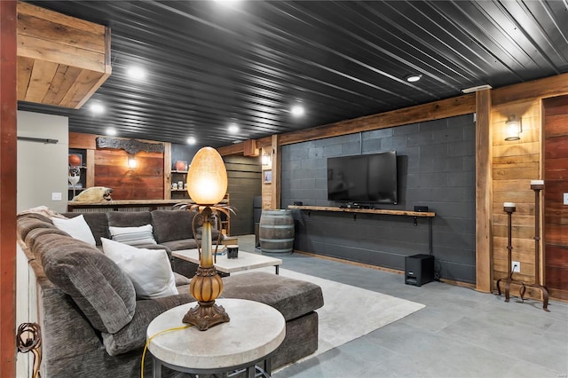 living room with wood ceiling