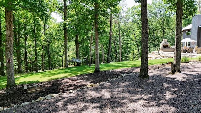 view of yard featuring an outdoor fireplace