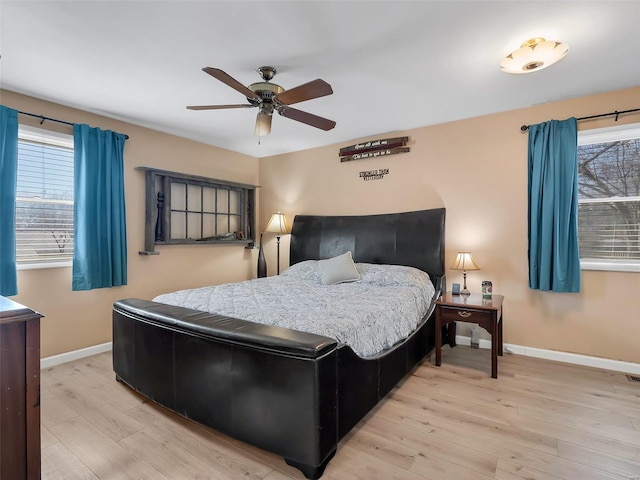 bedroom featuring ceiling fan and light wood-type flooring