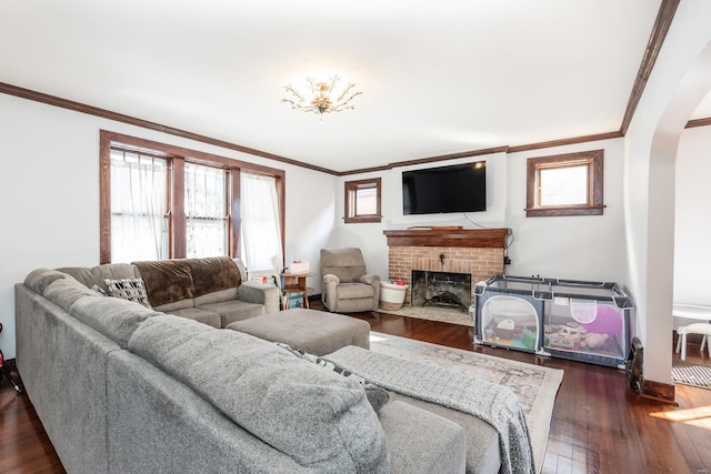 living room with dark wood-type flooring, ornamental molding, and a fireplace