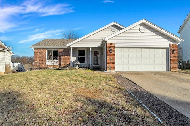 ranch-style house featuring a garage and a front lawn