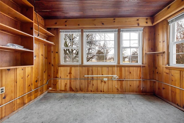 unfurnished room featuring wood walls, wood ceiling, and baseboards