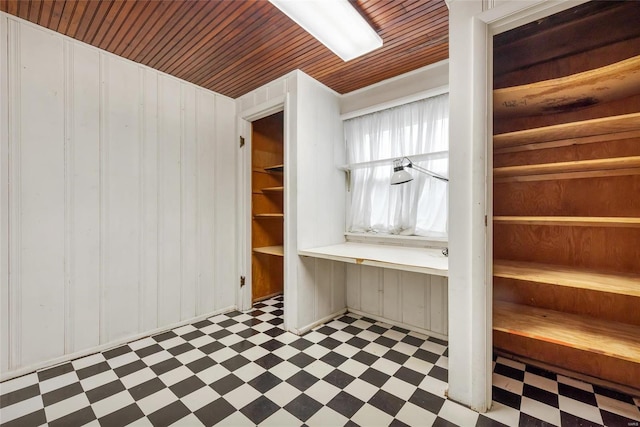 interior space with wood walls, wood ceiling, and dark floors