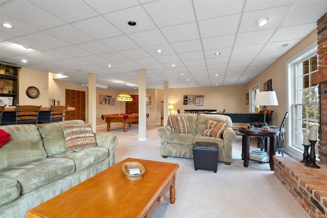 living room featuring light carpet and billiards