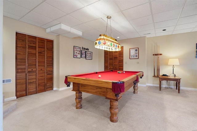 rec room featuring a paneled ceiling and billiards