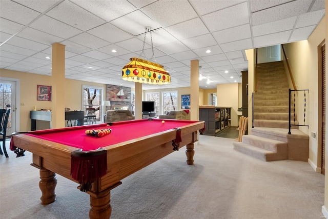 rec room featuring plenty of natural light, light carpet, a drop ceiling, and pool table