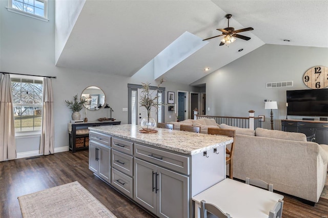 kitchen with dark hardwood / wood-style flooring, gray cabinets, high vaulted ceiling, and a kitchen island