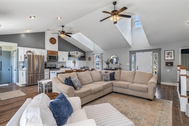 living room with ceiling fan, high vaulted ceiling, and dark hardwood / wood-style flooring