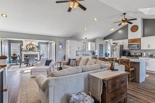 living room featuring high vaulted ceiling, sink, ceiling fan, dark wood-type flooring, and a textured ceiling