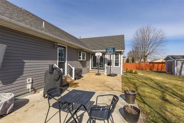 view of patio / terrace featuring a shed