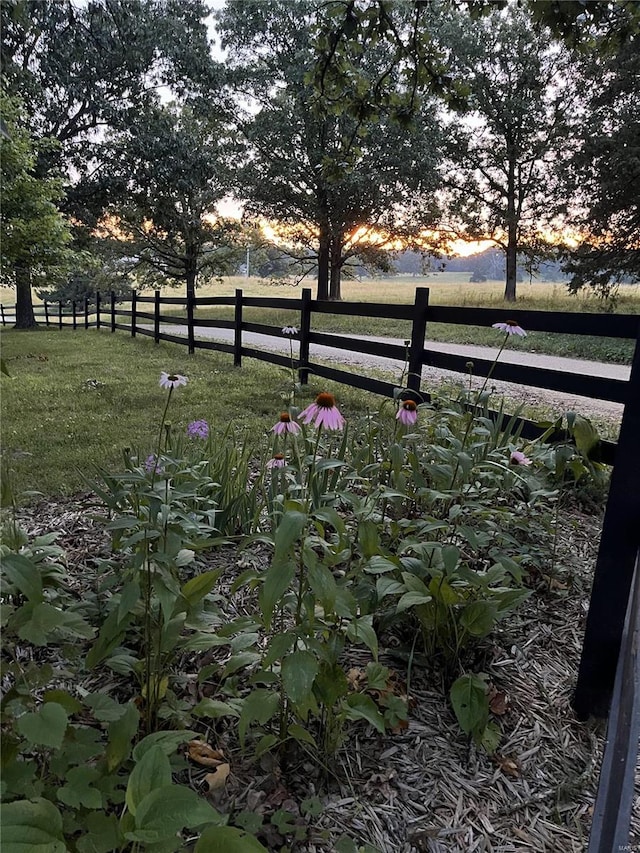 yard at dusk featuring a rural view