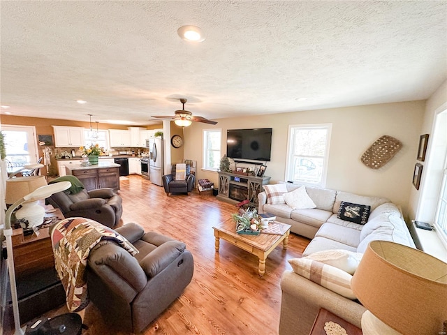 living room featuring a textured ceiling, a wealth of natural light, a fireplace, and light hardwood / wood-style floors