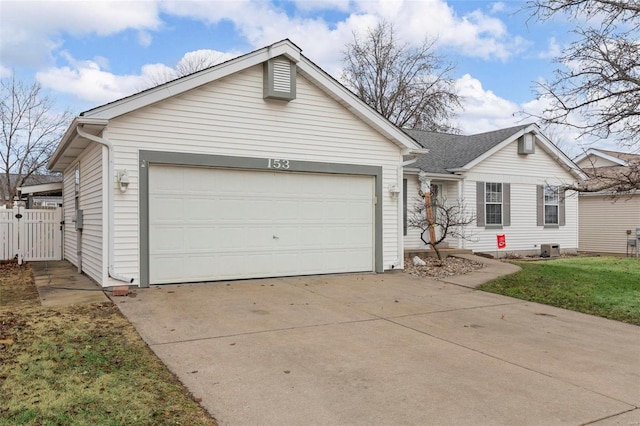 single story home with a garage, central AC unit, and a front yard