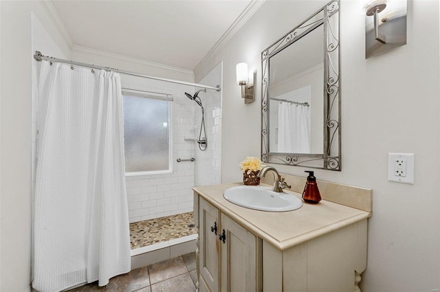 bathroom with tile patterned flooring, vanity, ornamental molding, and walk in shower