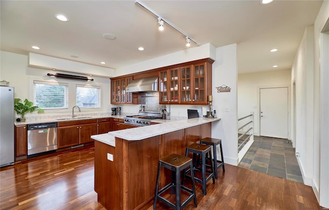 kitchen featuring sink, a breakfast bar area, appliances with stainless steel finishes, kitchen peninsula, and wall chimney exhaust hood