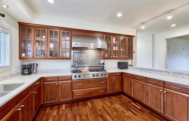 kitchen featuring dark hardwood / wood-style floors, range hood, stainless steel gas stovetop, decorative backsplash, and light stone counters