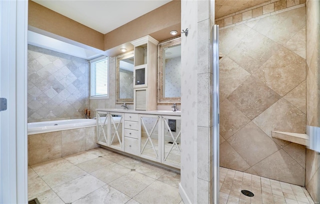 bathroom with vanity and plus walk in shower