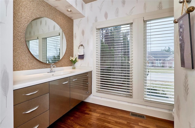 bathroom with vanity and hardwood / wood-style floors