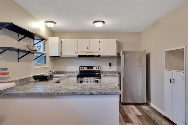 kitchen featuring sink, white cabinetry, dark hardwood / wood-style floors, kitchen peninsula, and stainless steel appliances