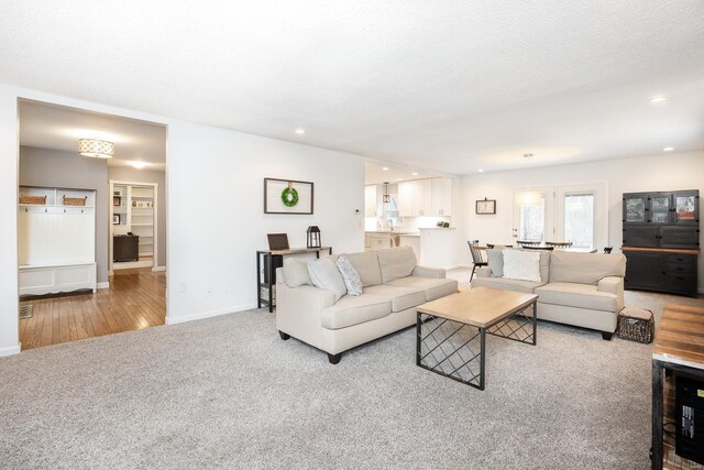 living room featuring light colored carpet and a textured ceiling