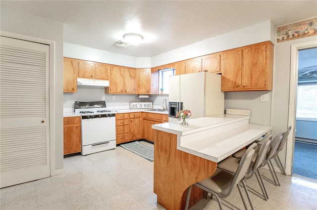 kitchen with white appliances, a kitchen breakfast bar, kitchen peninsula, and sink