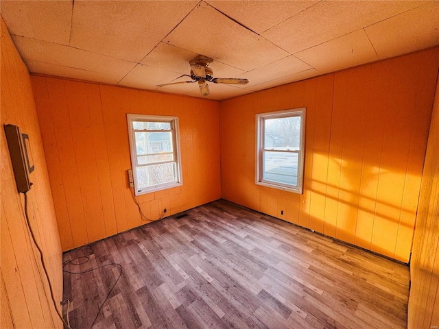 empty room featuring ceiling fan, a healthy amount of sunlight, and light hardwood / wood-style flooring