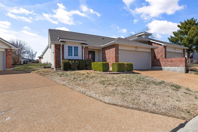 single story home featuring a garage, brick siding, driveway, and a shingled roof