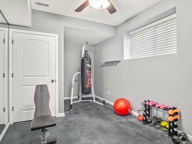 workout room with ceiling fan