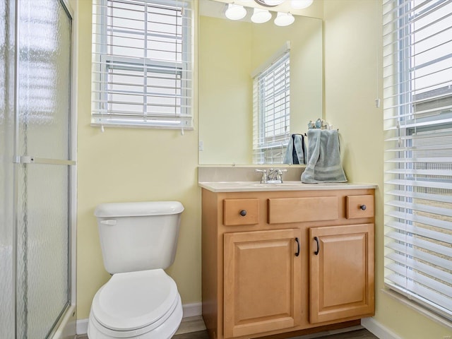 bathroom with vanity, toilet, and an enclosed shower