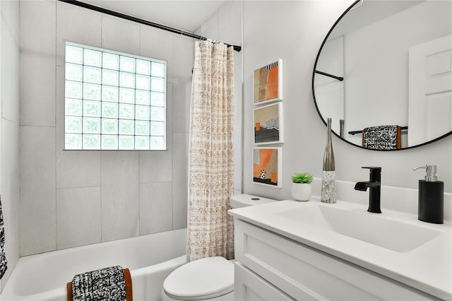 full bathroom featuring vanity, shower / bathtub combination with curtain, and toilet