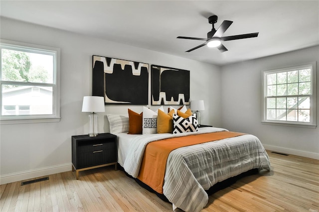 bedroom featuring ceiling fan and light hardwood / wood-style floors