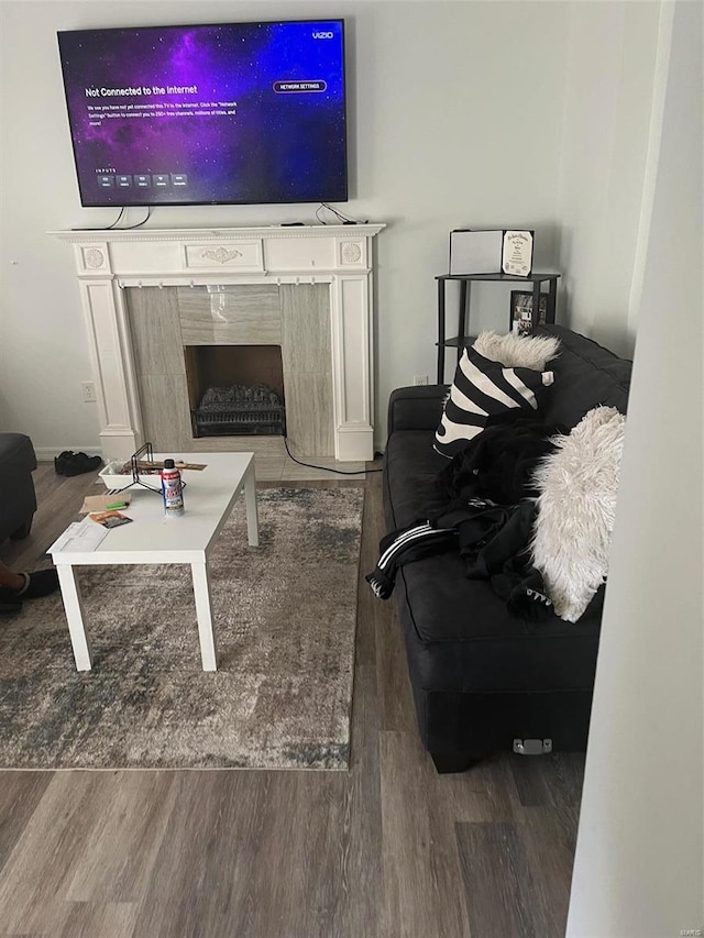 living room featuring hardwood / wood-style flooring and a fireplace