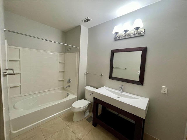 full bathroom with bathing tub / shower combination, vanity, tile patterned floors, and toilet