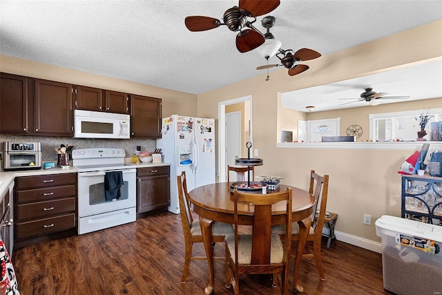 kitchen featuring backsplash, dark hardwood / wood-style flooring, white appliances, dark brown cabinetry, and a textured ceiling